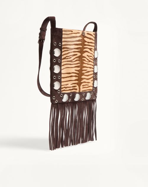 Valentino Garavani - Valentino Garavani Nellcôte Shoulder Bag In Animalier Pony Effect Calfskin With Fringes - Beige/testa Di Moro - Woman - Shoulder Bags
